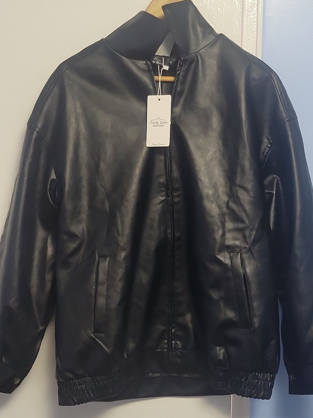 Men's Black Faux Leather Bomber Jacket with Stand Collar
